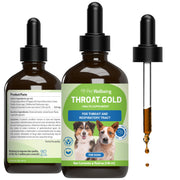 Pet Wellbeing flacon Throat Gold vue frontale montrant l’emballage et bénéfice apaisant