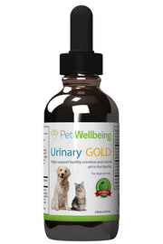 Pet Wellbeing Urinary Gold flacon avant montrant l’étiquette et la prise en main pour administration facile