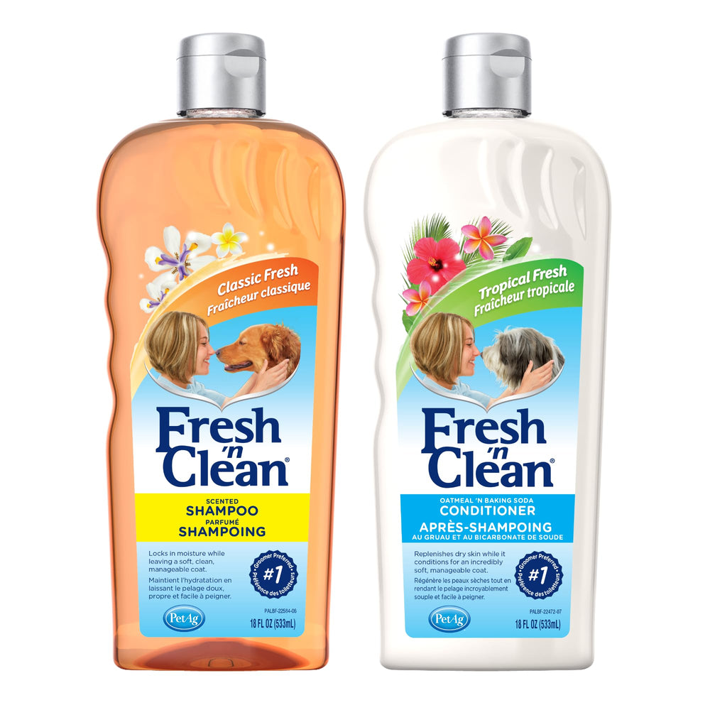 PetAg flacon Fresh ’n Clean face avant montrant l’étiquette et bénéfice nettoyage doux