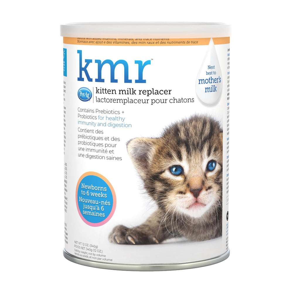 PetAg KMR boîte 12 oz montrant l'emballage et bénéfice de nutrition complète