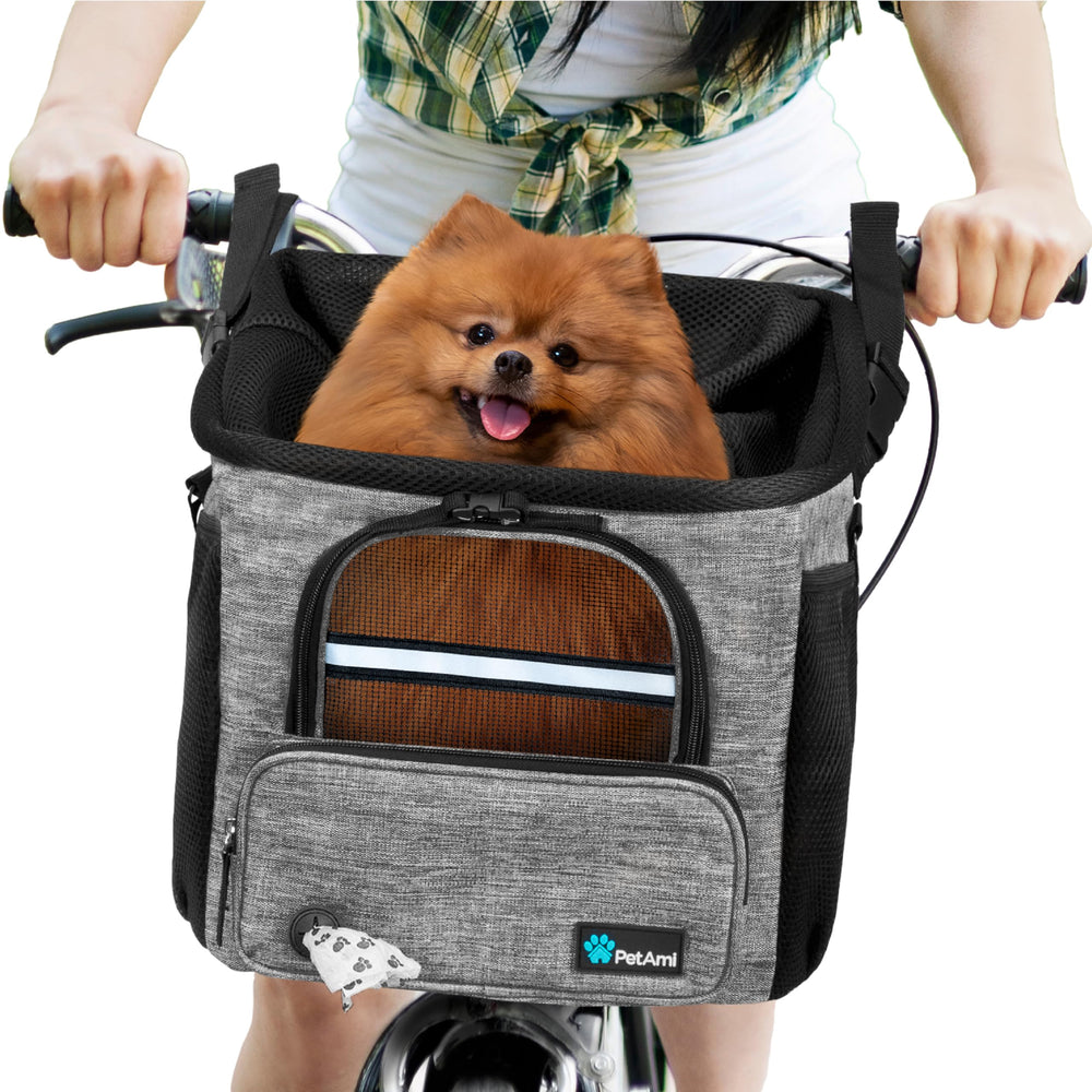 PetAmi panier vélo face avant montrant fixation sécurisée et visibilité