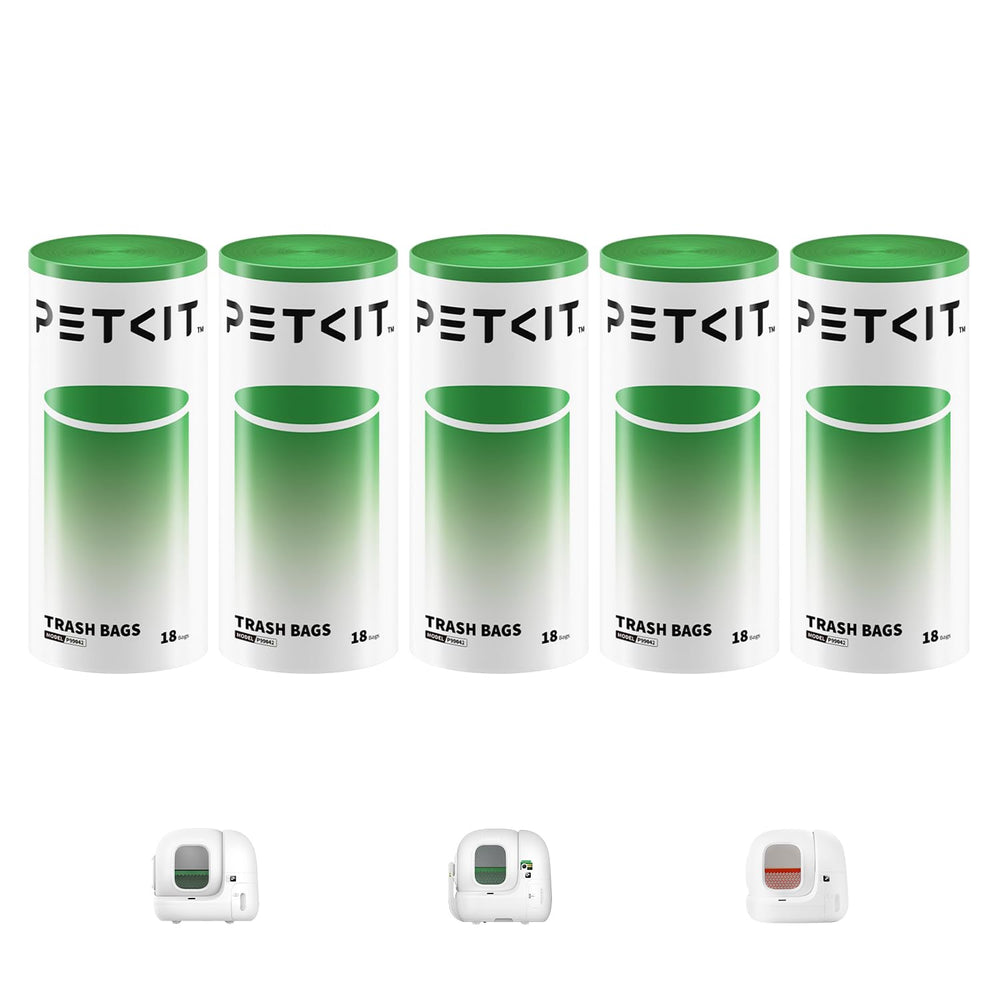 PETKIT emballage montrant 5 rouleaux de sacs, économie et stock disponible