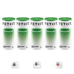 PETKIT emballage montrant 5 rouleaux de sacs, économie et stock disponible