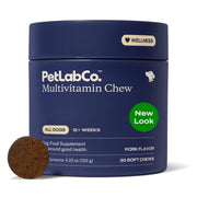 PetLab Co. emballage avant montrant le pot et la saveur porc, favorise adoption