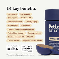 PetLab Co. poudre en gros plan avec cuillère illustrant le mélange homogène et la facilité d'utilisation