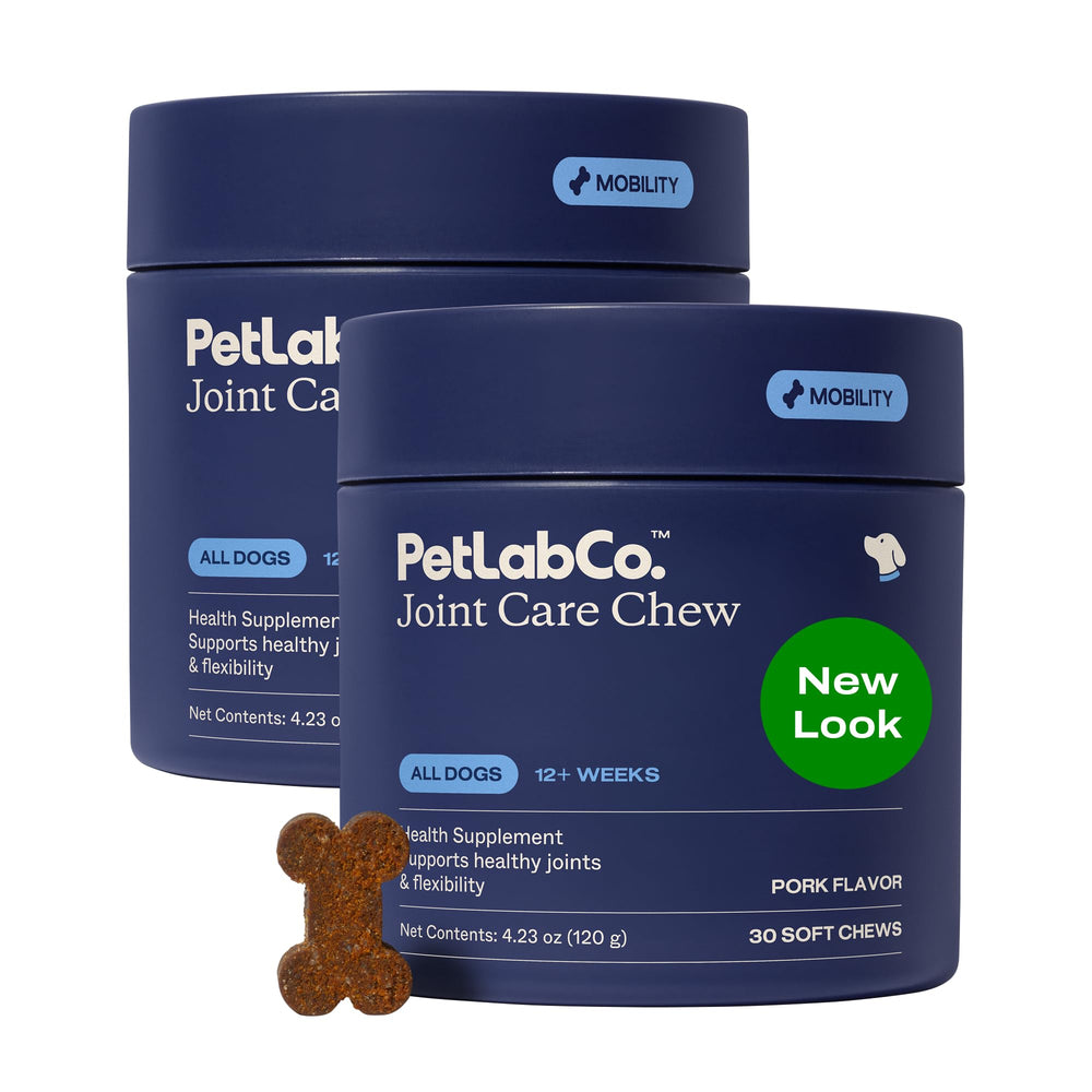PetLab Co emballage avant du lot de deux chews pour articulations, rassure sur la qualité
