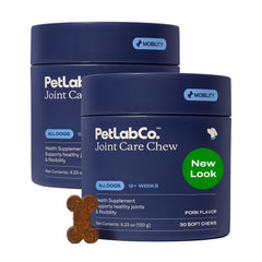 PetLab Co emballage avant du lot de deux chews pour articulations, rassure sur la qualité
