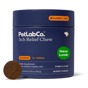 PetLab Co. pot Itch Relief Chews vu de face montrant emballage et avantage confort