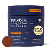 PetLab Co devant du sachet montrant l’usage et avantages pour allergies