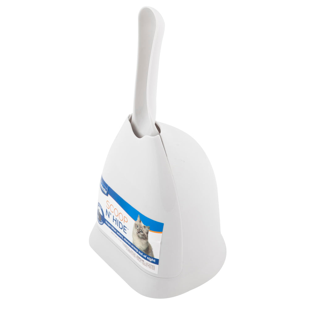 Petmate Scoop N' Hide face avant en blanc montrant design compact et rangement
