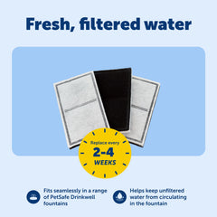 PetSafe filtres installés dans la fontaine démontrant eau plus claire et circulation