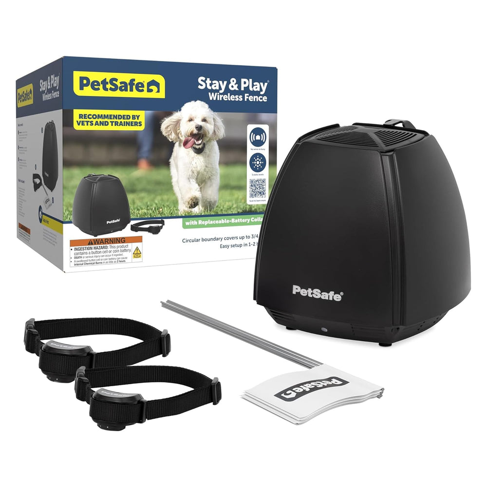 PetSafe émetteur face avant montrant commandes et port, installation rapide