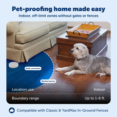 PetSafe dispositif en usage devant canapé empêchant accès et protégeant mobilier