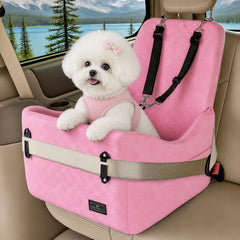 Petsfit siège auto rose montrant l'avant et maintien sécurisé