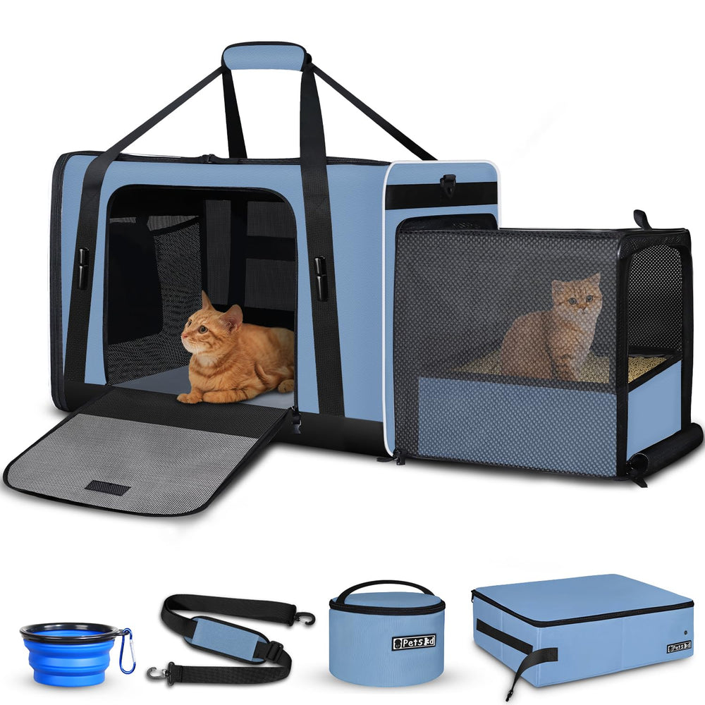 Petskd vue avant du porte-chat bleu montrant taille et poignée, stabilité renforcée