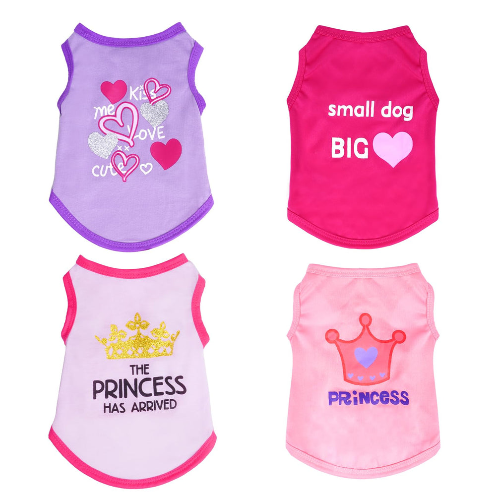 Pistha vue de face du lot de quatre t-shirts pour petits chiens montrant les couleurs
