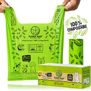 PLANET POOP emballage avant montrant 30 sacs compostables, pratique pour stockage