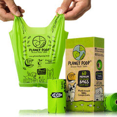 PLANET POOP emballage avant montrant le logo et le lot de 60 sacs écologiques