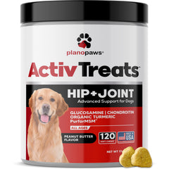 planopaws emballage avant 120 chews affichant ingrédients et bénéfice mobilité