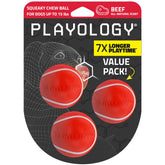 Playology balle devant packaging montrant le lot de trois et l'attrait visuel