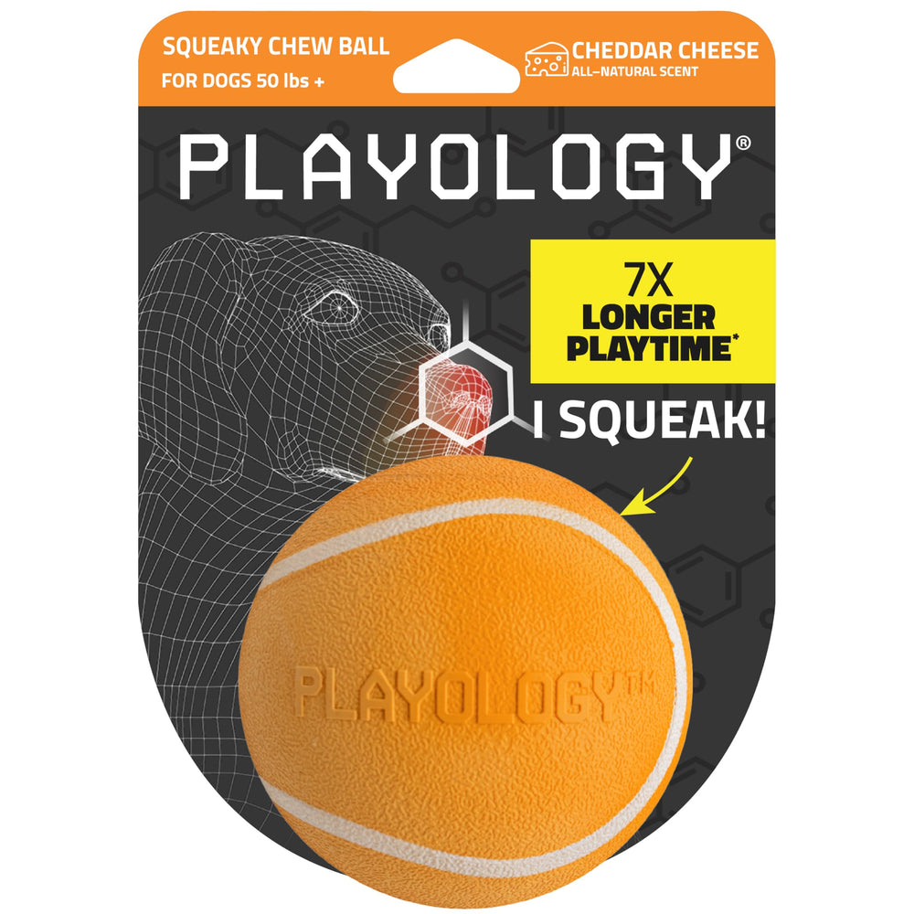 Playology balle jumbo face packaging montrant robustesse et odeur cheddar