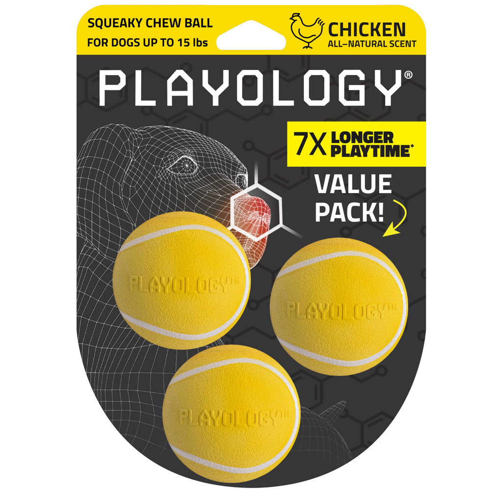 Playology balle face avant montrant la couleur et le couinement, attire l'attention du chien