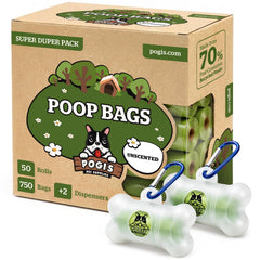 Pogi's emballage avant montrant 50 rouleaux et deux distributeurs pratique