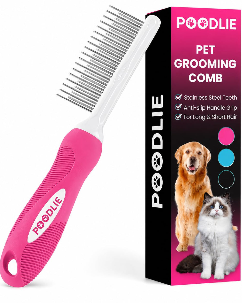 POODLIE face avant du peigne rose montrant le design compact et pratique
