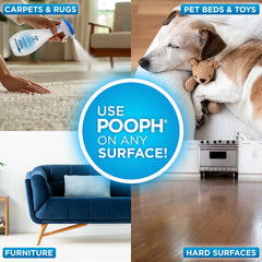 POOPH pulvérisé sur tapis montrant neutralisation d'odeurs et nettoyage ciblé