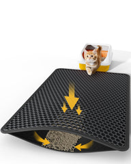 Powools tapis devant bac litière montrant capture efficace des grains et sol propre