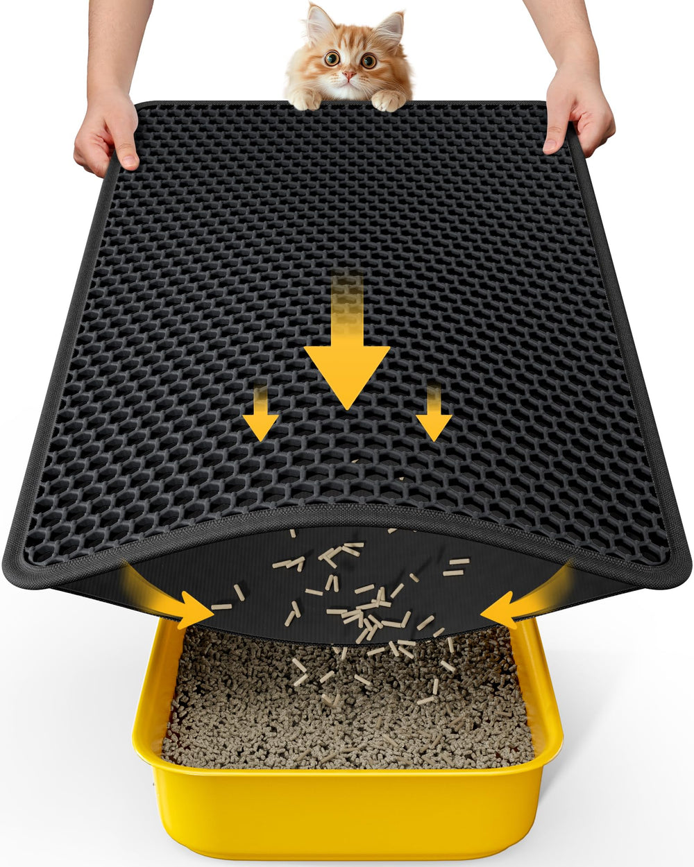 Powools tapis litière vue face montrant capture efficace de litière