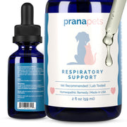 PranaPets emballage avant Respiratory Support montrant l’étiquette et avantages