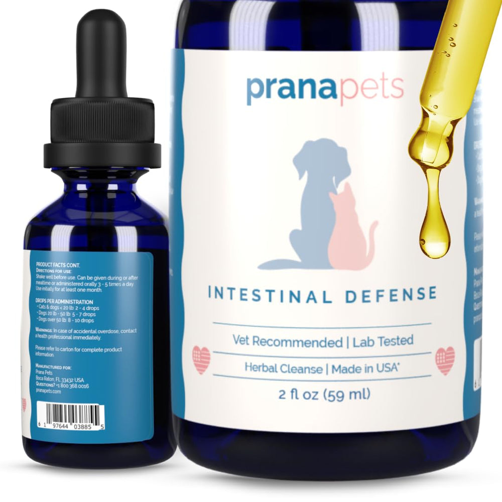 PranaPets flacon Intestinal Defense montrant l’emballage et facilité d’usage