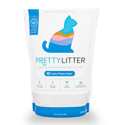 PrettyLitter emballage avant montrant sac 6 lb et parfum lotus, utile pour identification