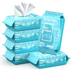 PrimePets emballage avant montrant le lot de 6 et 100 lingettes, pratique pour stockage