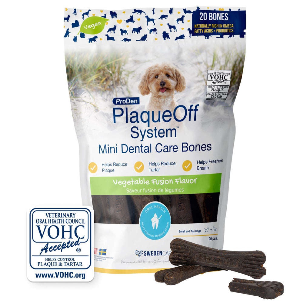 ProDen Mini Dental Bones emballage avant montrant la formule Vegetable Fusion bénéfique
