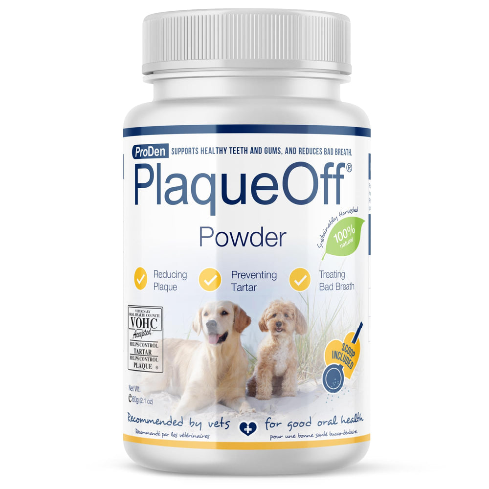 ProDen PlaqueOff emballage avant présentant la poudre pour dents de chien efficace