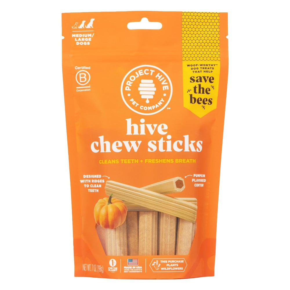 PROJECT HIVE emballage avant des Hive Chew Sticks montrant le format et l’avantage dentaire