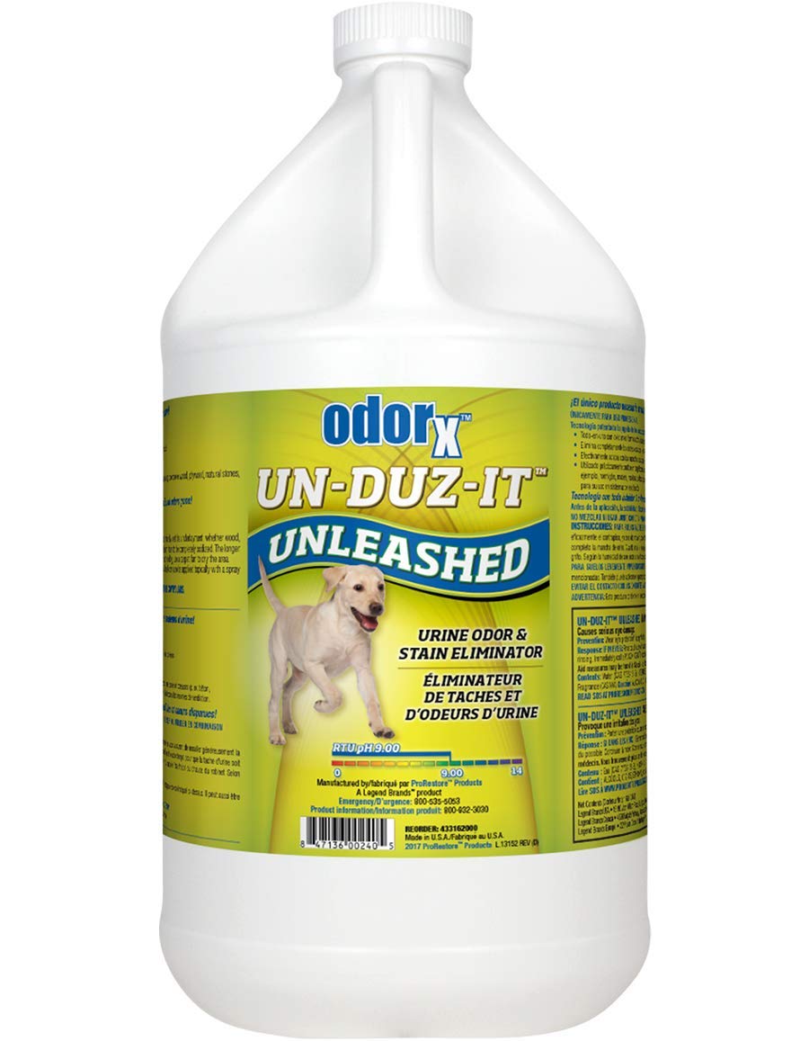 PRORESTORE ODORx flacon d'un gallon montrant l'étiquette et l'utilisation économique