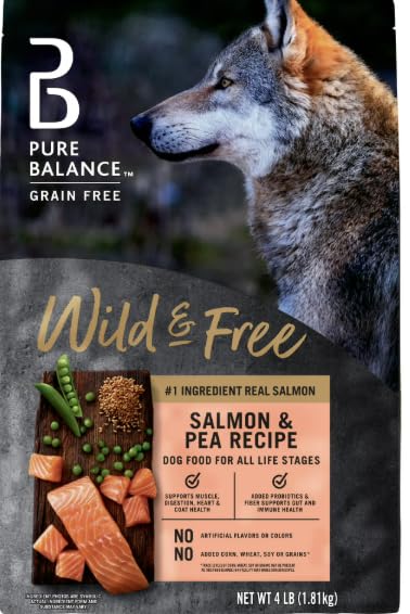 Pure Balance packaging avant montrant la recette saumon et pois et nutrition claire