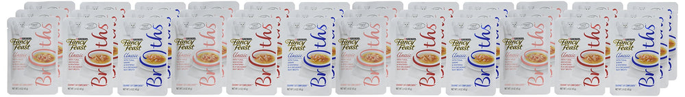 Purina Fancy Feast Broths emballage V-Pack montrant 36 sachets pratiques pour variété