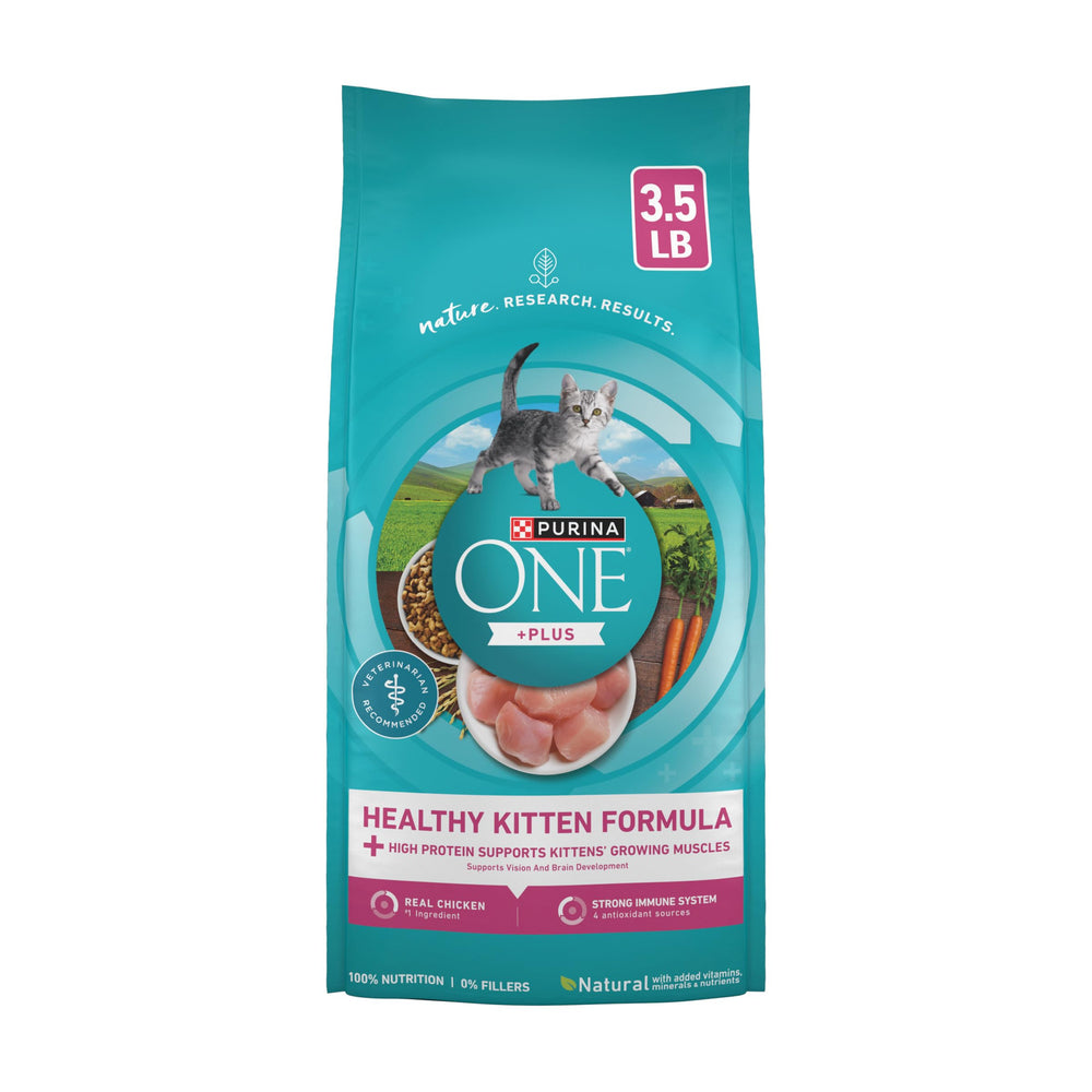 Purina ONE emballage avant montrant le sac 3,5 lb et bénéfice nutritionnel