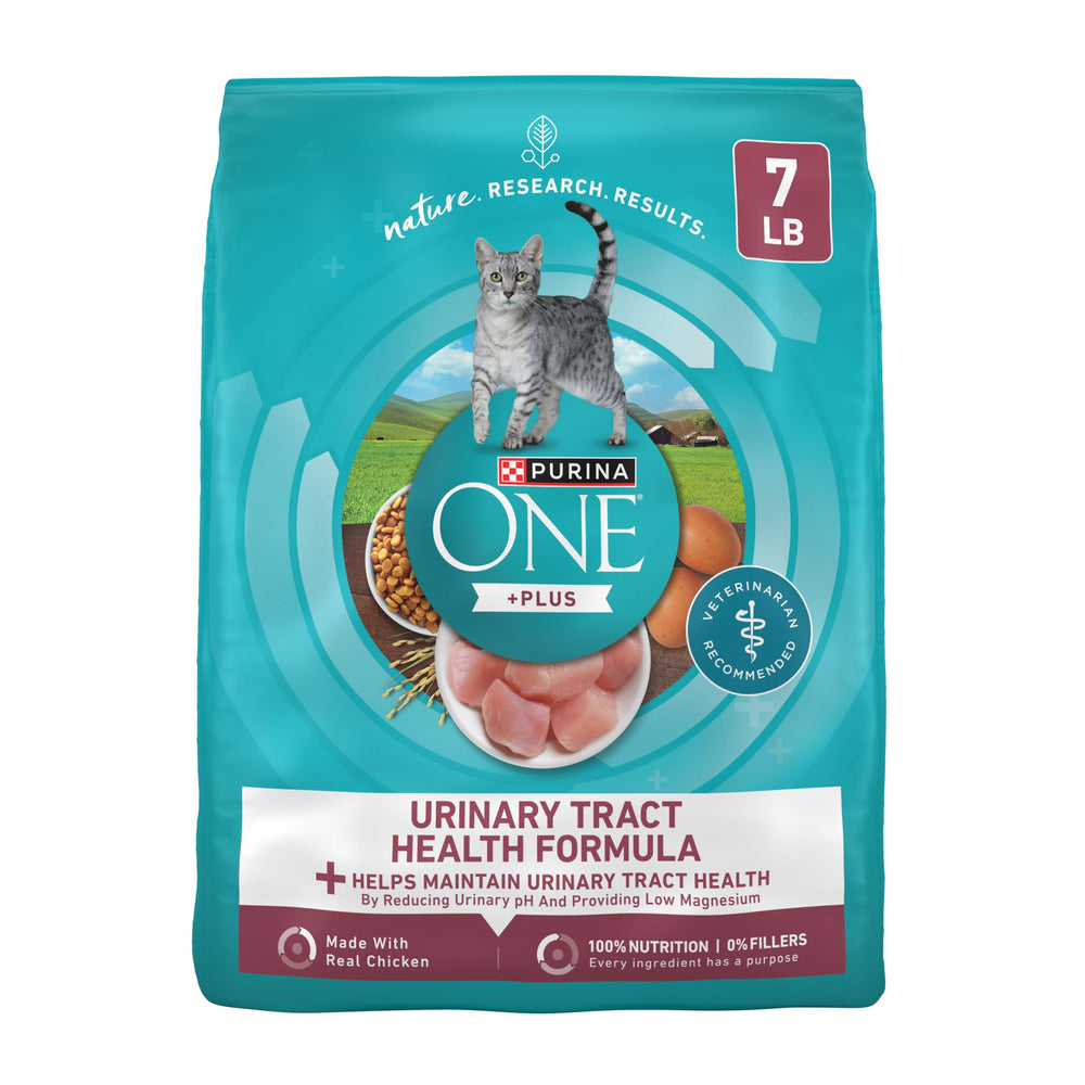 Purina ONE emballage 7 lb montrant la formulation urinaire et bénéfice tranquillité
