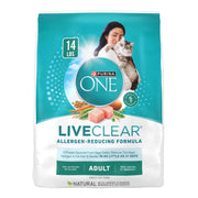 Purina ONE LiveClear sac vu de face montrant le format 14 lb et bénéfice réduction allergènes