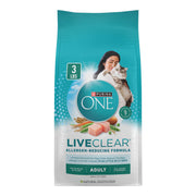 Purina ONE LiveClear sac face avant montrant l’emballage et bénéfice réduction allergènes