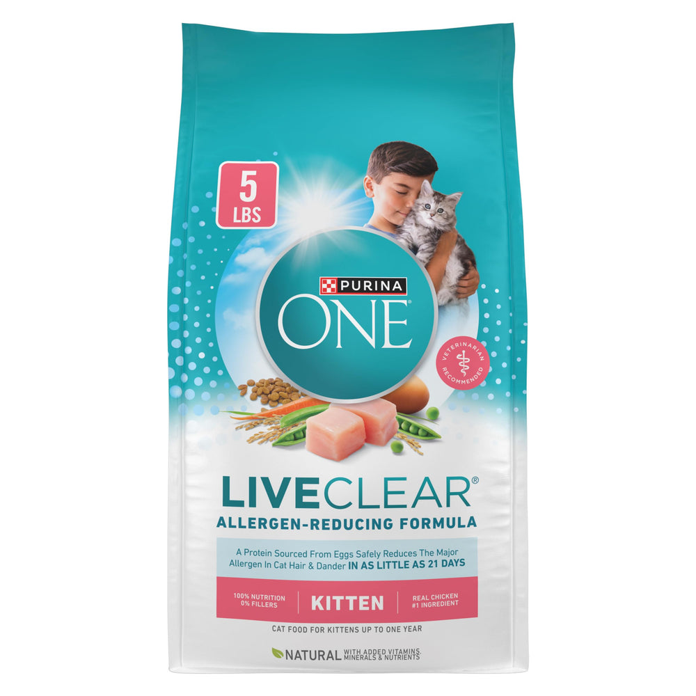 Purina ONE sachet avant montrant le format 5 lb et indication d'allergène réduit