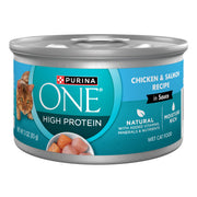 Purina ONE face de la boîte montrant la recette poulet et saumon et l'appelant nutritif