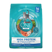Purina ONE sac devanture montrant la formule saumon et poisson blanc bénéfice goût premium