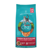 Purina ONE devant du sachet montrant la recette au saumon pour choisir facilement