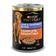 Purina Pro Plan vue avant de la boîte d'agneau et légumes montrant l'emballage clair et attractif
